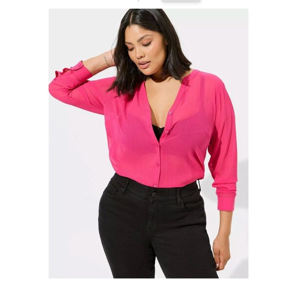Torrid Chiffon Pullover Long Sleeve Blouse Solid Pink Peacock Buttons Sheer 3X - Picture 1 of 6